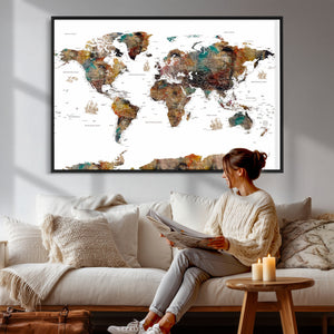 Watercolor World Map Canvas Print – Detailed Map of the