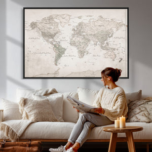 Antique Style World Map Canvas Print - Vintage Detailed