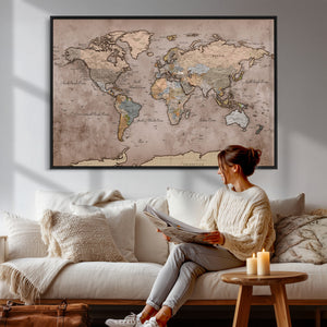 Grunge World Map Canvas Wall Art - Vintage Aged World Map