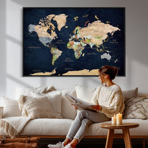 Minimalist World Map Canvas Wall Art - Watercolor Blue and