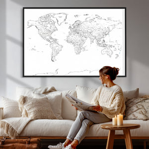 World Map Canvas Print – Framed Modern Detailed Map of the