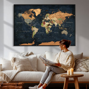 Vintage World Map Canvas Wall Art – Detailed Map with