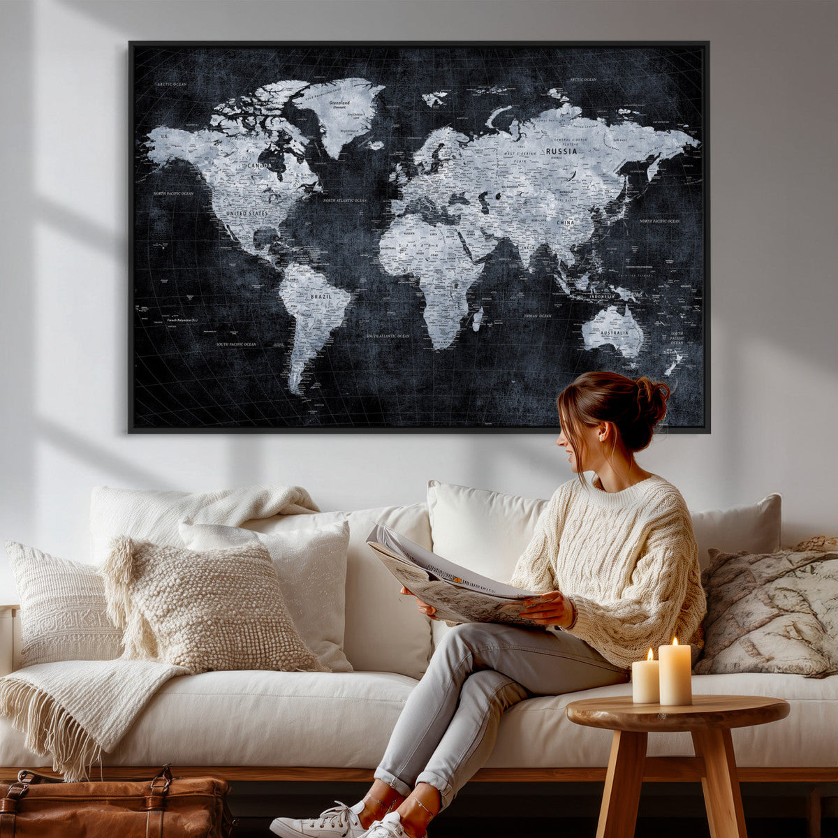 Black World Map Canvas Print – Detailed Map for Couples and