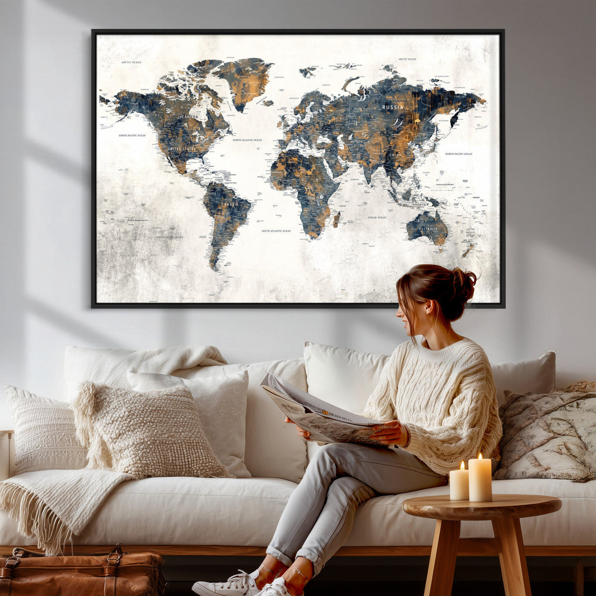 World Map Wall Art Canvas Print for Office Wall Decor