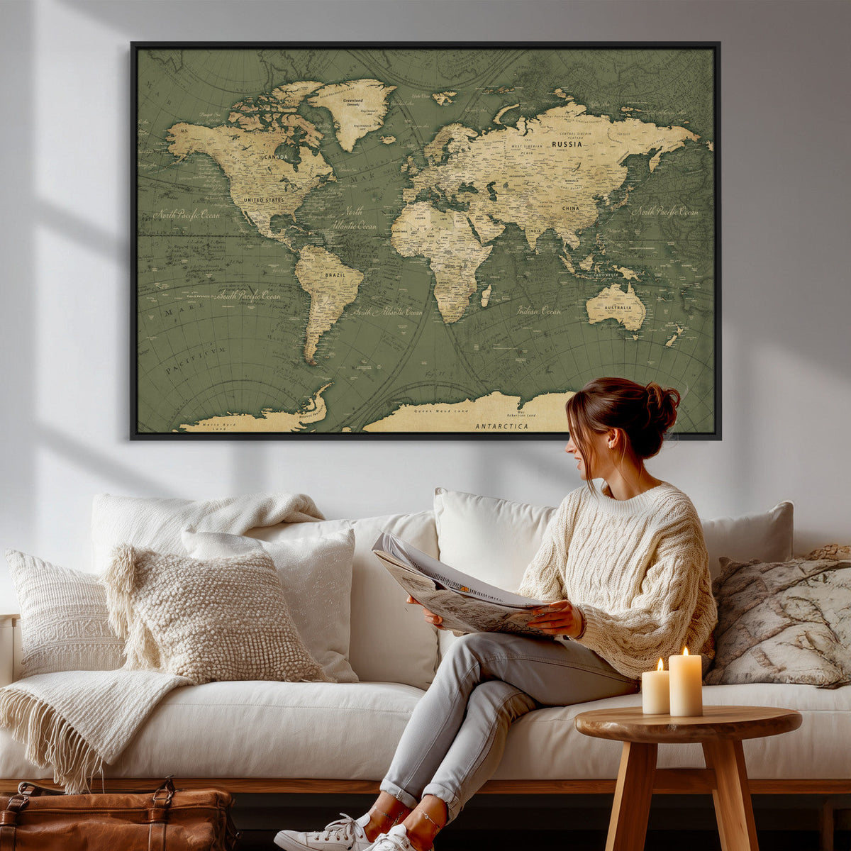 Large World Map Canvas Wall Art Print for Study Room Decor -