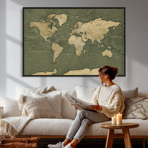 Large World Map Canvas Wall Art Print for Study Room Decor -