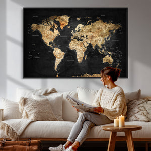 World Map Canvas Wall Art with Famous Landmarks – Framed