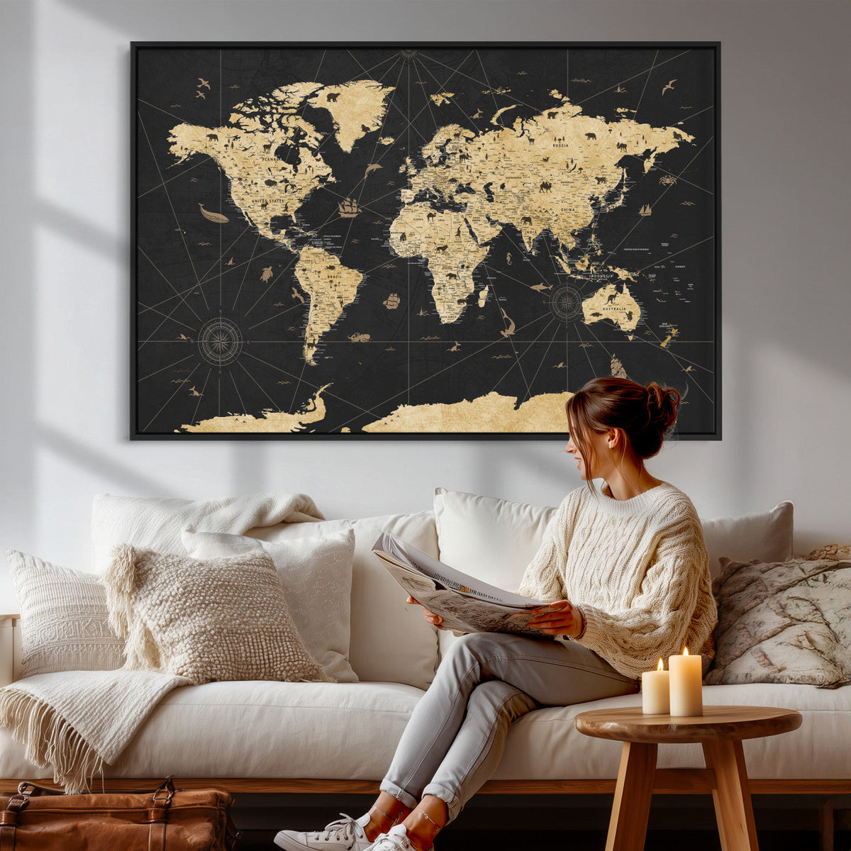 Vintage Blue and Brown World Map Canvas Wall Art – Framed