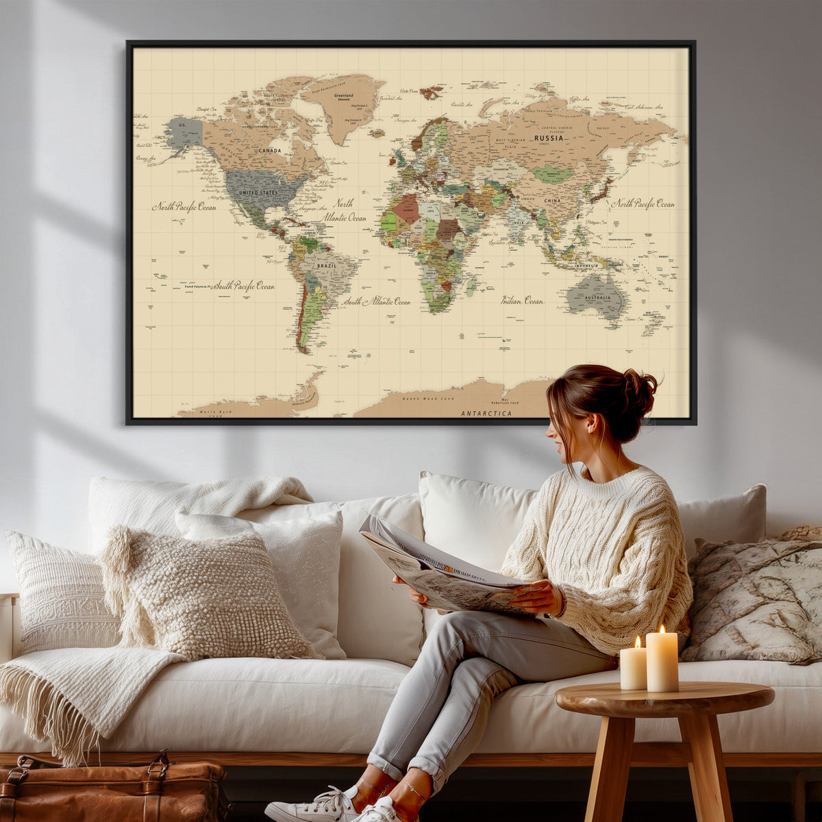 Extra Large World Map Canvas Print – Detailed Map of the