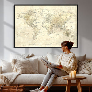 Colorful Watercolor World Map Canvas Wall Art – Framed
