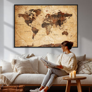 Modern Red and Gray World Map Canvas Print – Framed Wall Art