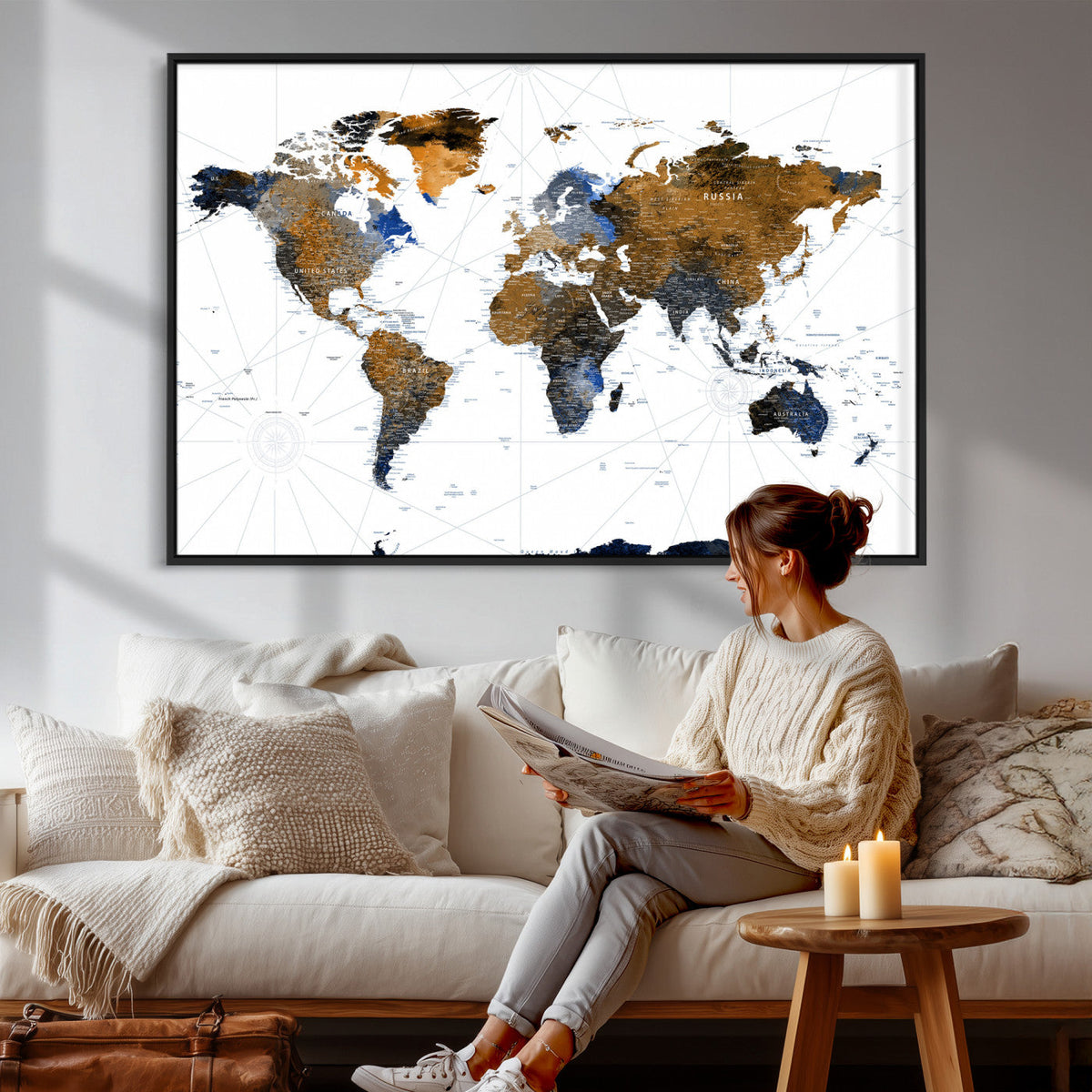 World Map Wall Art Canvas Print, Modern Decorative Framed