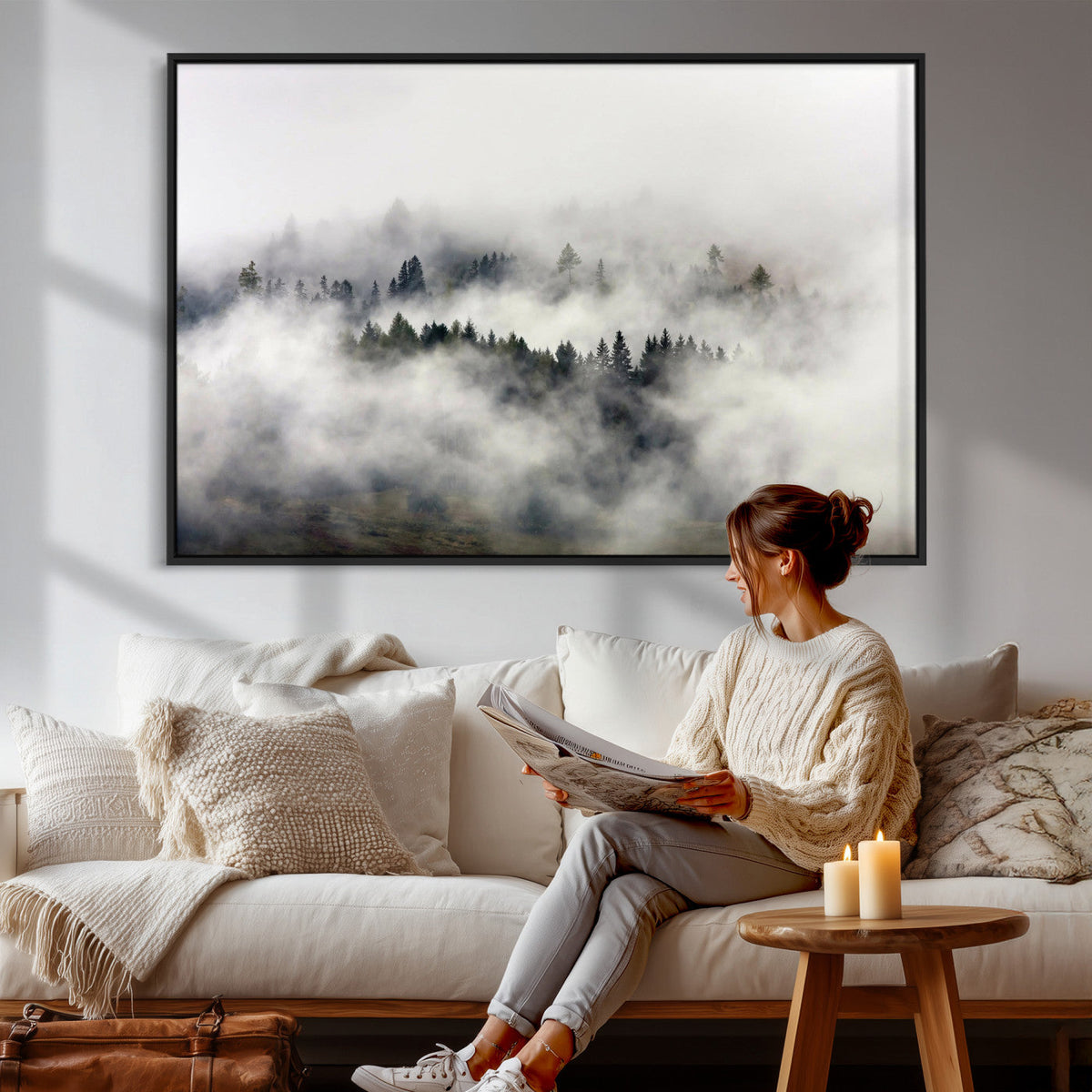 Foggy Forest Wall Art Canvas Print, Misty Pine Tree