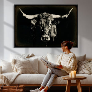 Black Bull Wall Art Canvas Print, Texas Longhorn Portrait