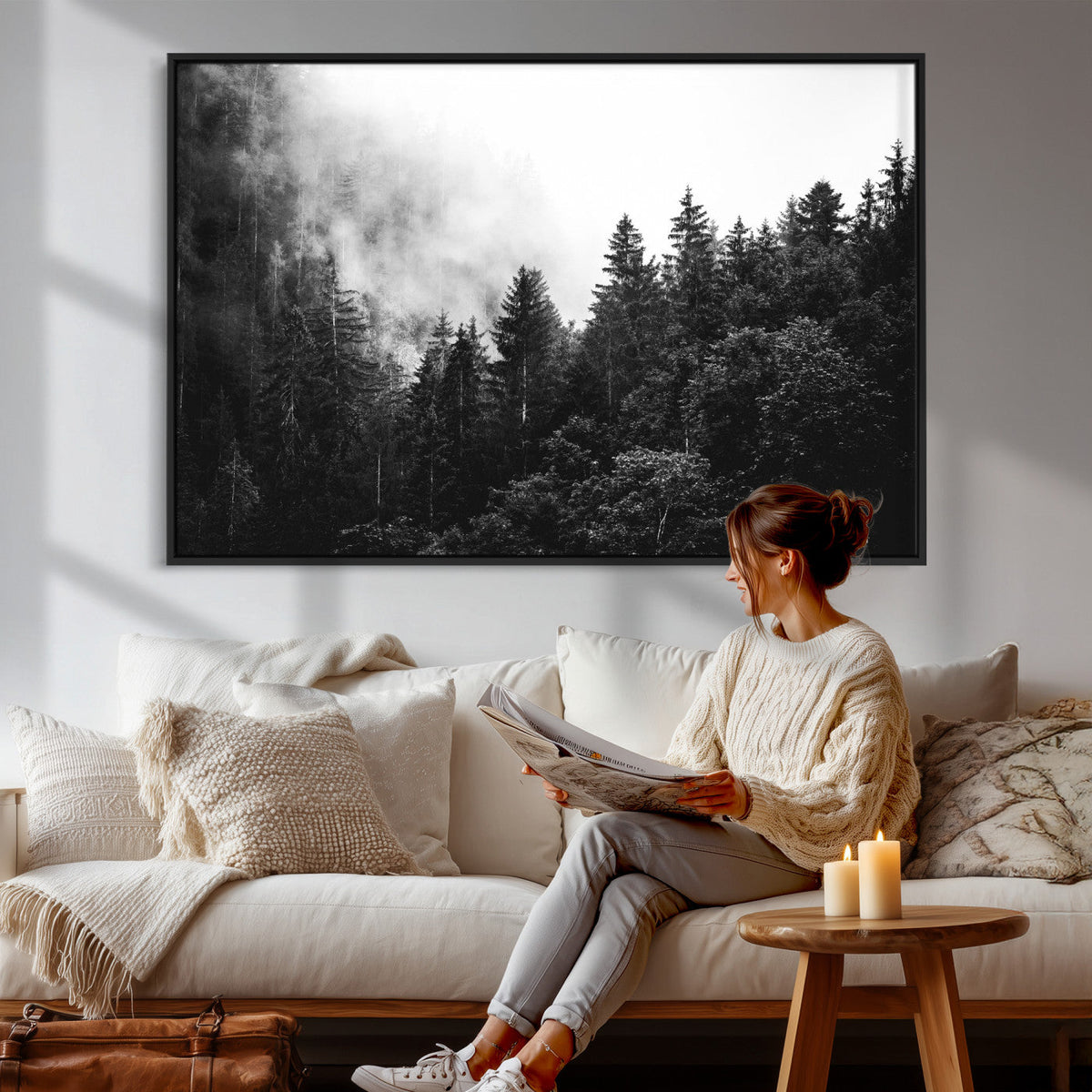 Black White Forest Wall Art Canvas Print, Misty Pine Tree