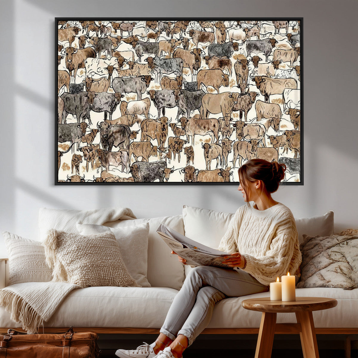 Abstract Longhorn Wall Art Canvas Print - Cow Animal Drawing