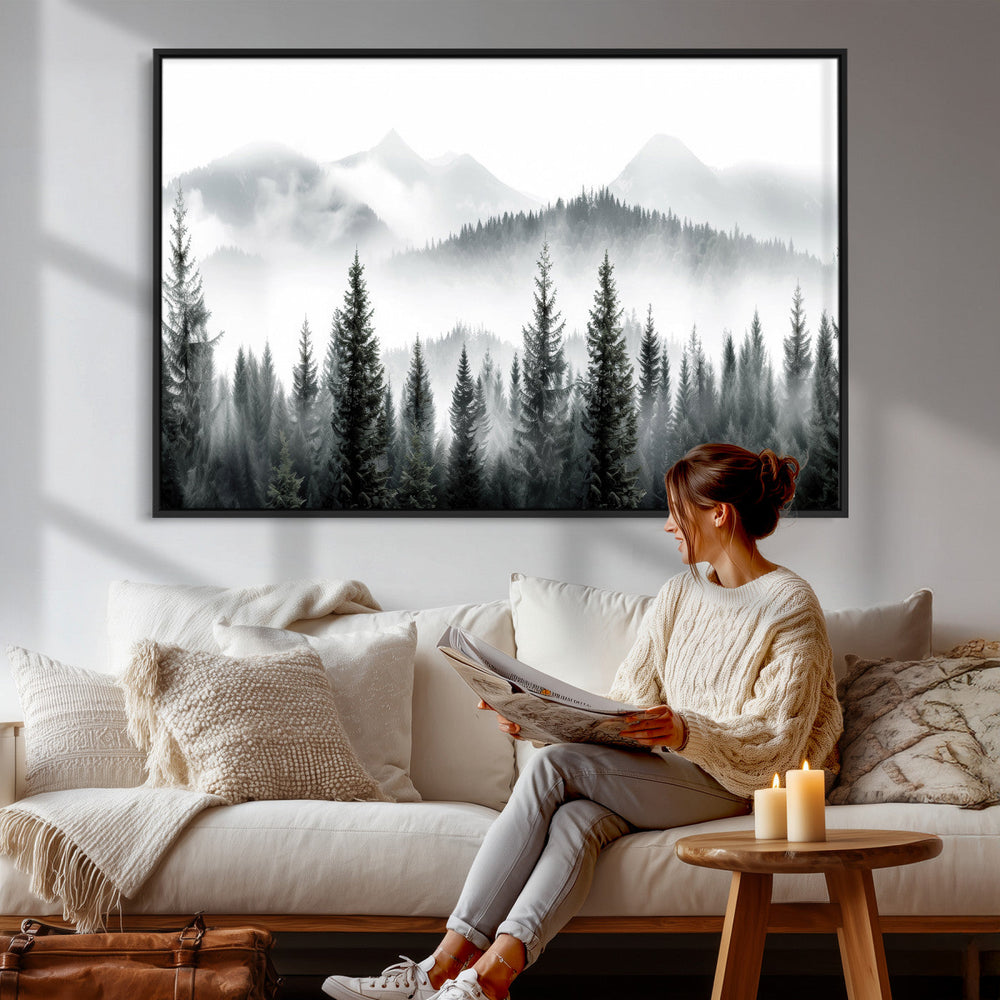 Misty Pine Forest Mountain Landscape Wall Art Canvas Print