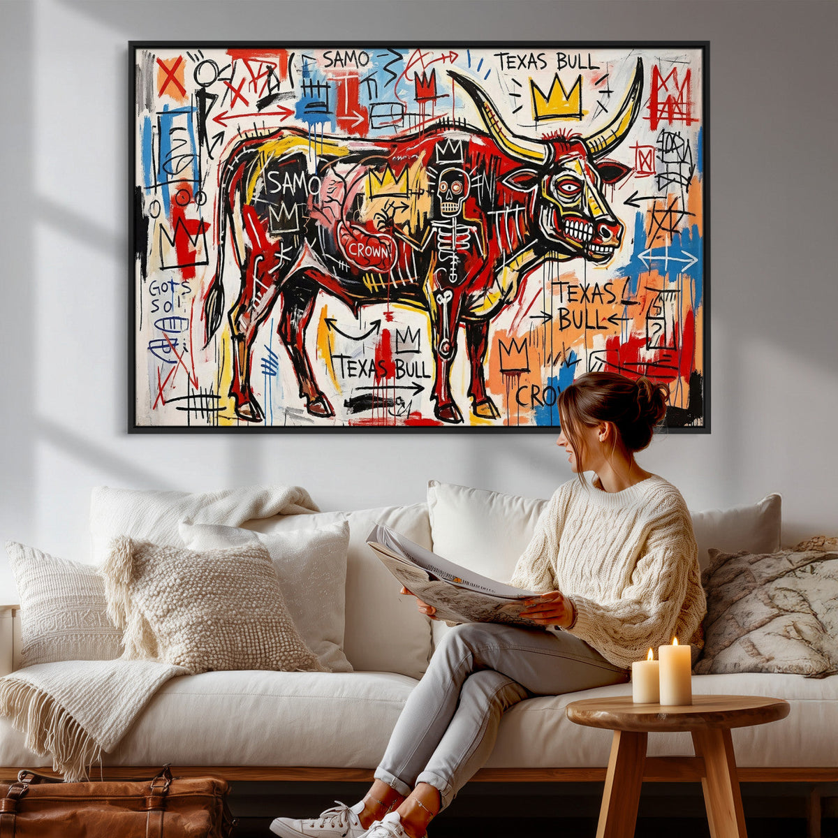 Texas Bull Wall Art Canvas Print, Abstract Graffiti Bull