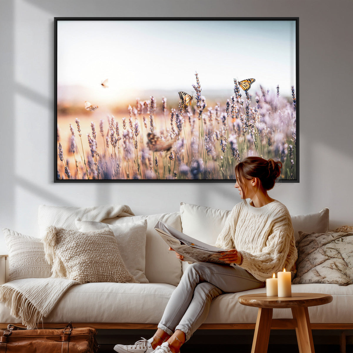 Lavender Field Wall Art Canvas Print, Butterfly Floral