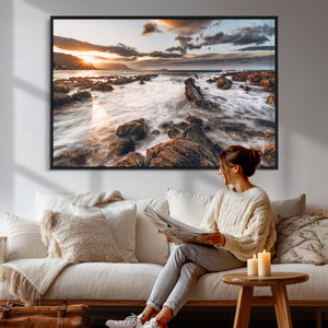Rocky Coast Ocean Sunset Wall Art Canvas Print, Dramatic