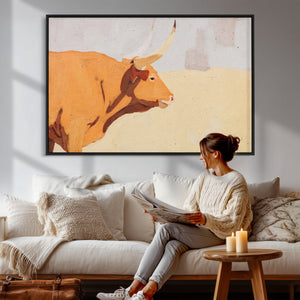 Minimal Longhorn Bull Wall Art Canvas Print, Neutral Western