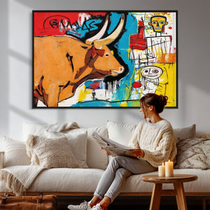 Basquiat Style Bull Graffiti Wall Art Canvas Print, Street