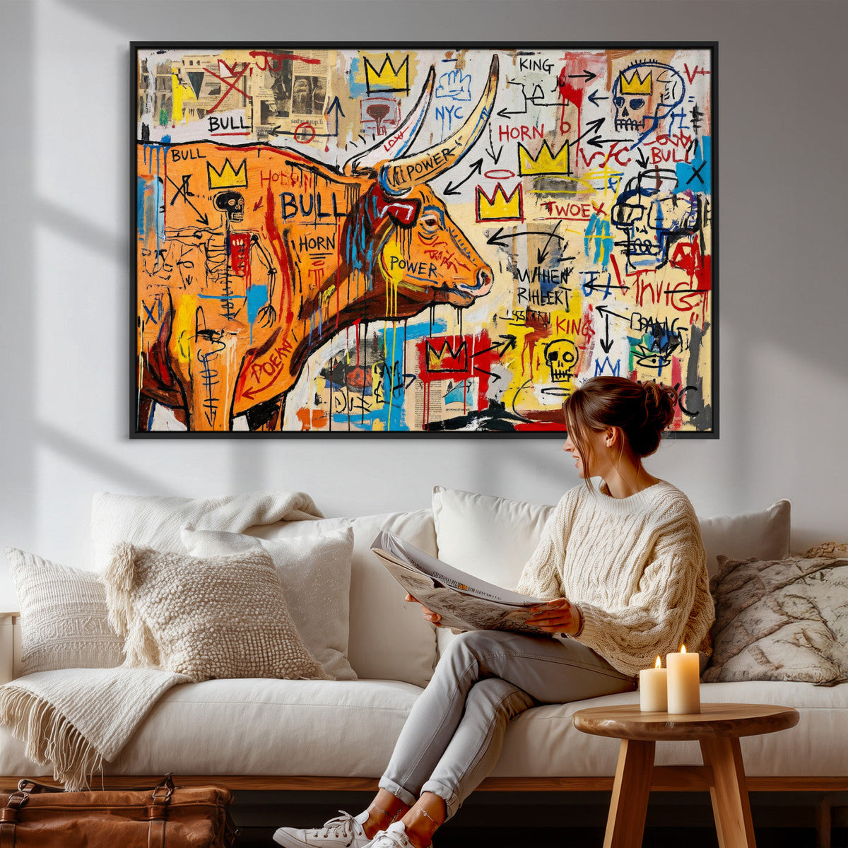 Basquiat Style Bull Graffiti Wall Art Canvas Print, Street