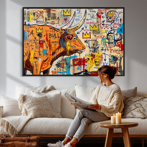 Basquiat Style Bull Graffiti Wall Art Canvas Print, Street