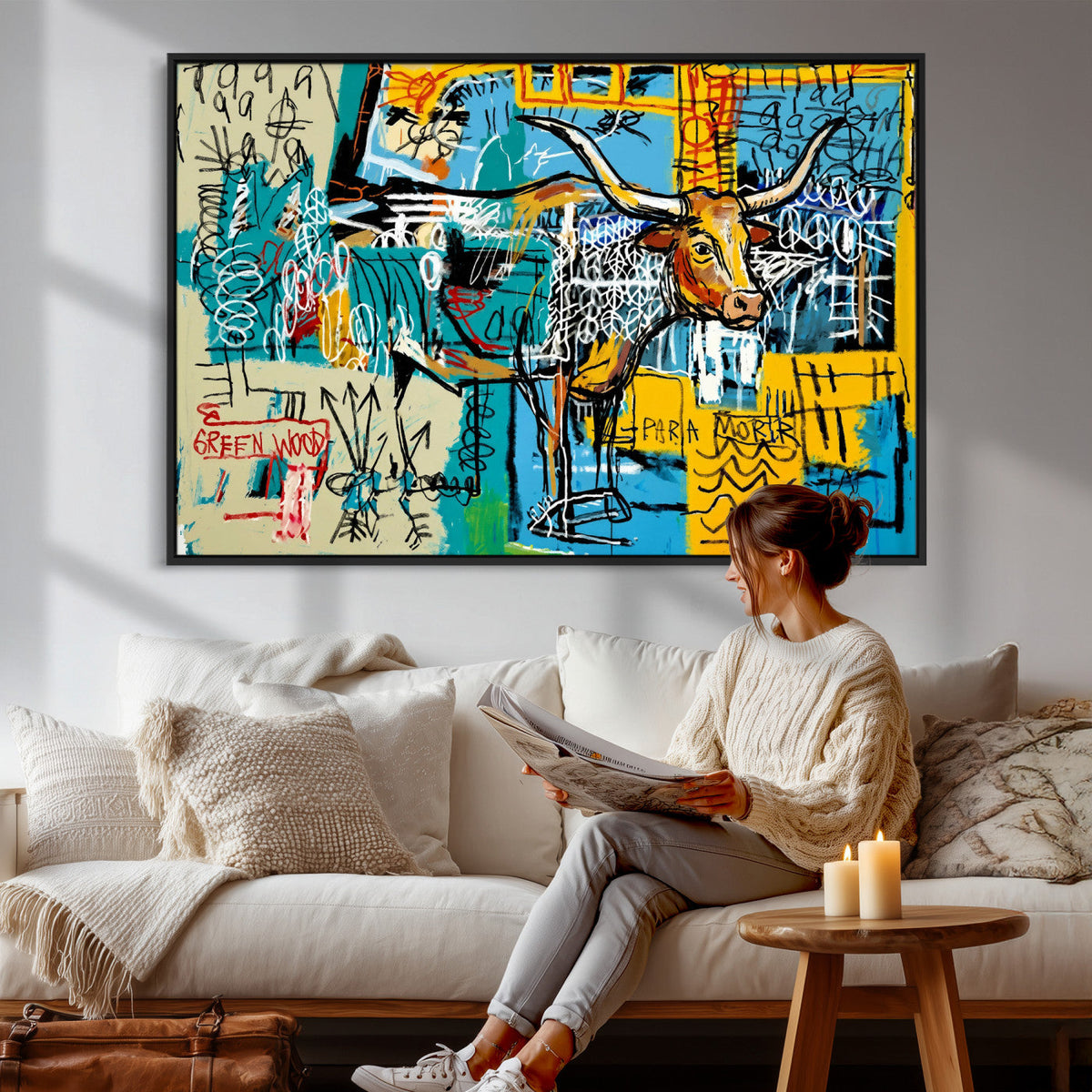 Basquiat Style Bird Bull Graffiti Wall Art Canvas Print,