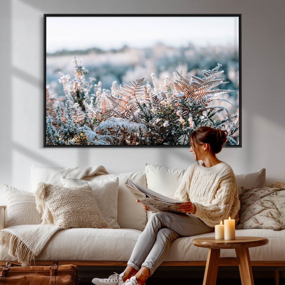 Frosted Fern Wall Art Canvas Print, Soft Winter Botanical