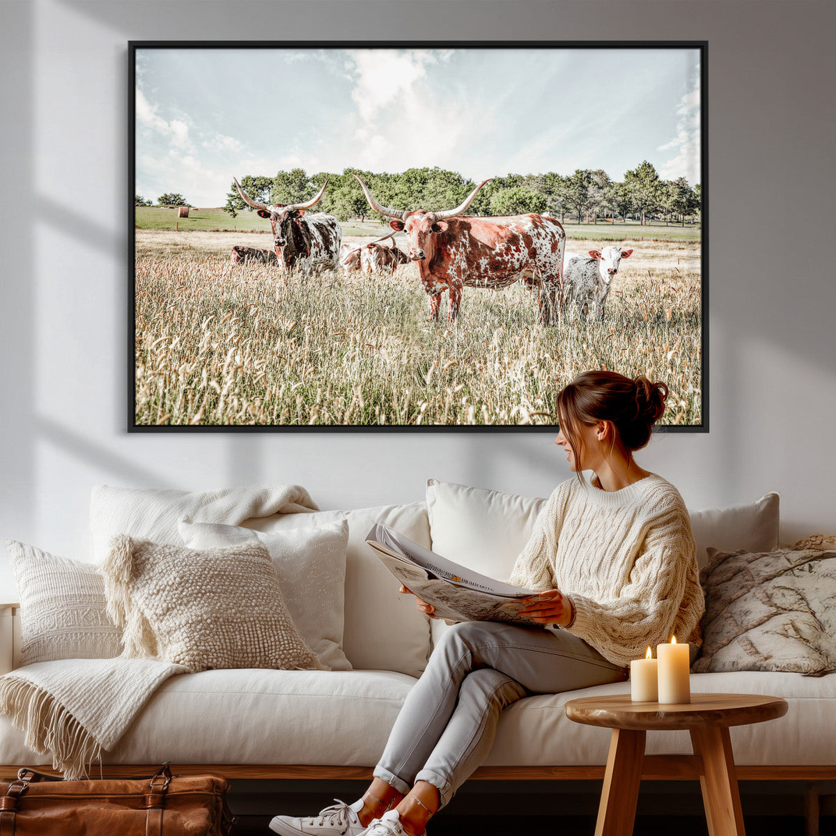 Texas Longhorn Cattle Wall Art Canvas Print, Rustic Ranch