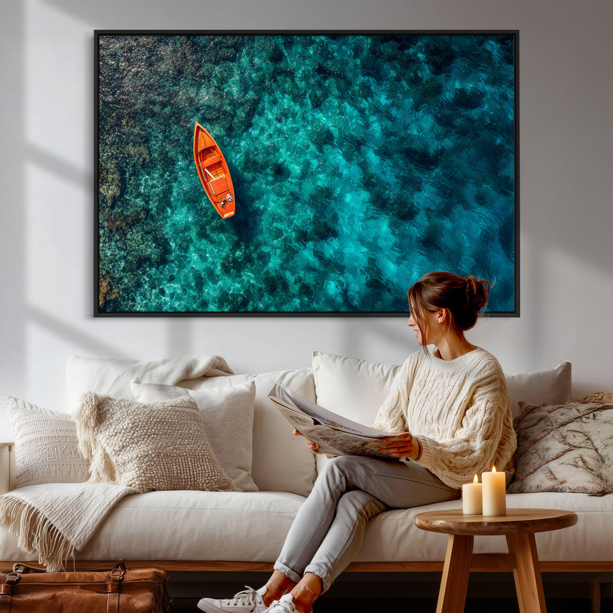 Turquoise Ocean Boat Wall Art Canvas Print