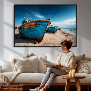 Coastal Fishing Boats Wall Art Canvas Print, Sunset Beach