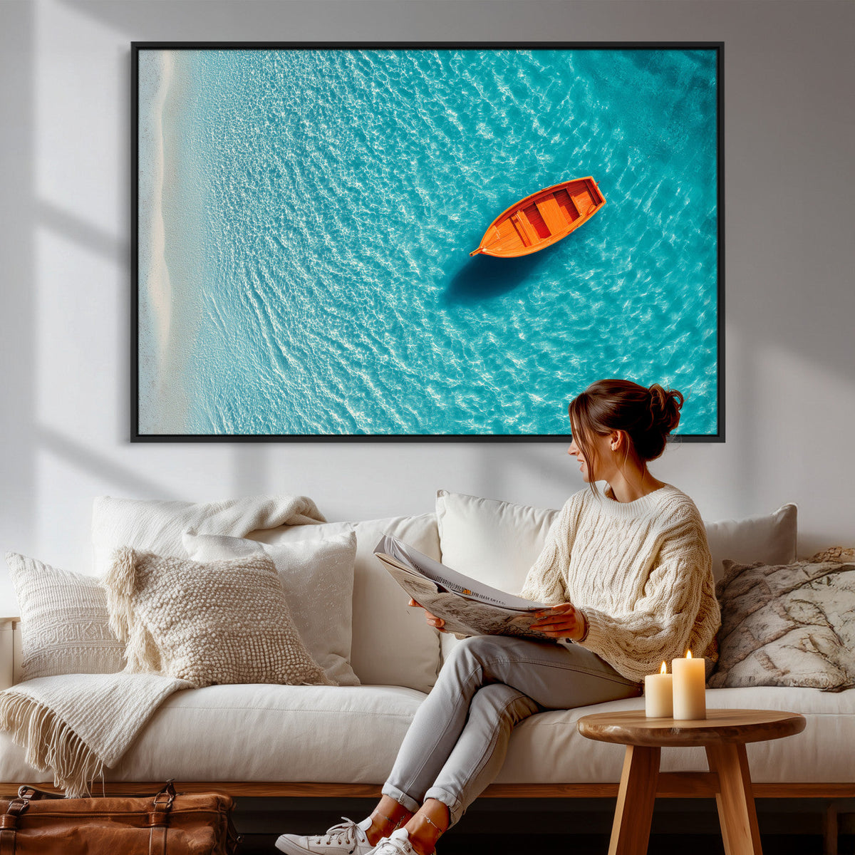 Minimalist Boat Wall Art Canvas Print, Aerial Sea Landscape