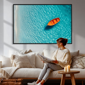 Minimalist Boat Wall Art Canvas Print, Aerial Sea Landscape