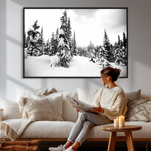 Black and White Snowy Pine Forest Wall Art Canvas Print,