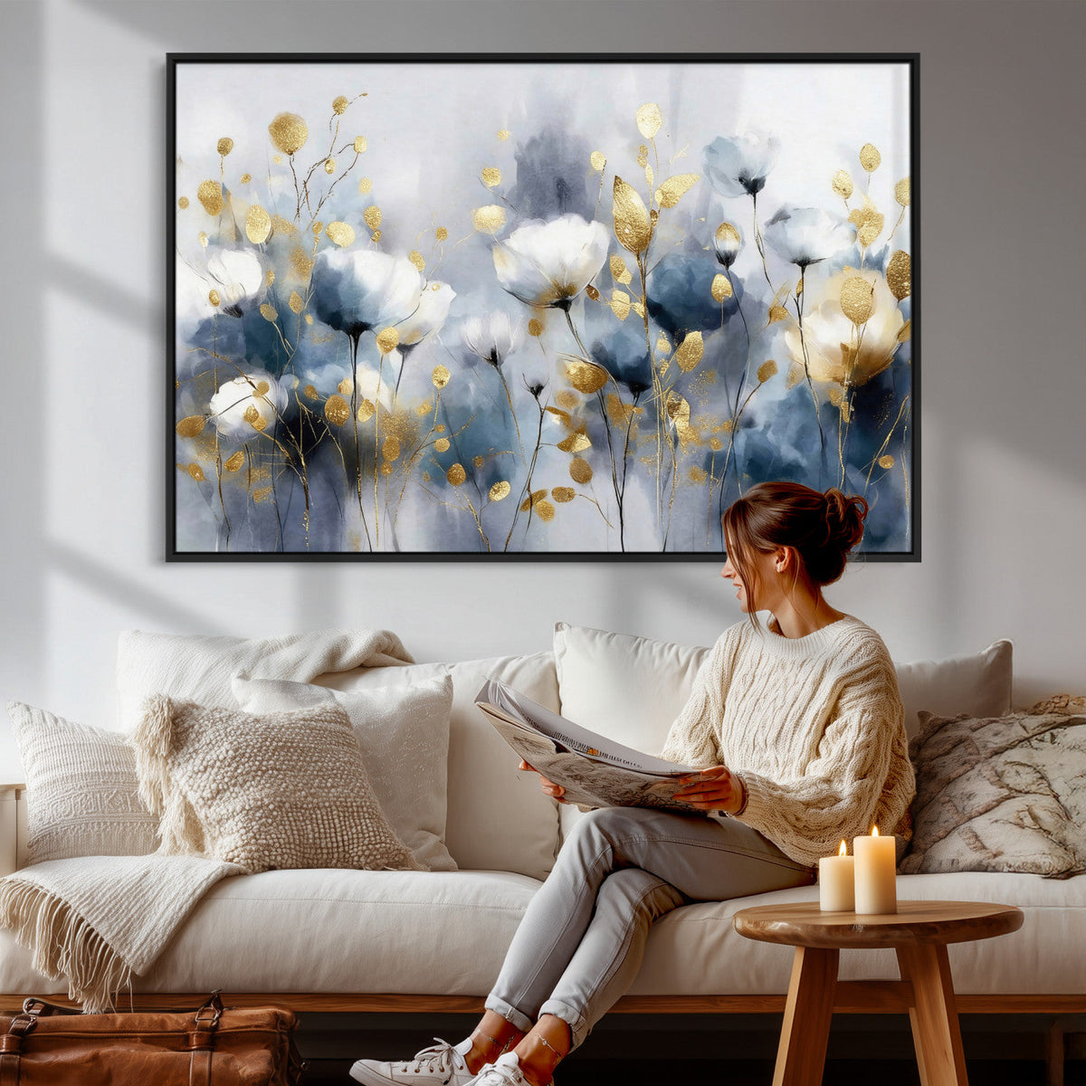 Large Abstract Flowers Wall Art Canvas Print – Gold and Blue