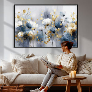 Large Abstract Flowers Wall Art Canvas Print – Gold and Blue