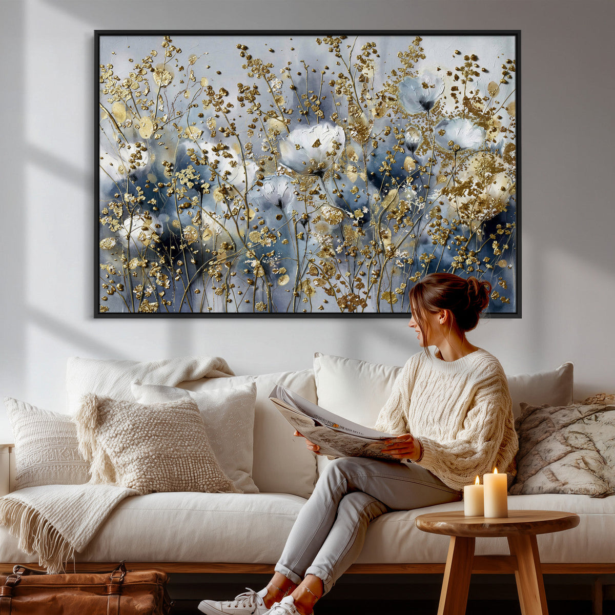 Abstract Floral Wall Art Canvas Print – Gold and Blue