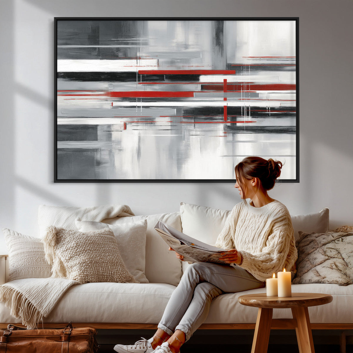 Gray Red Abstract Wall Art Canvas Print, Modern Abstract