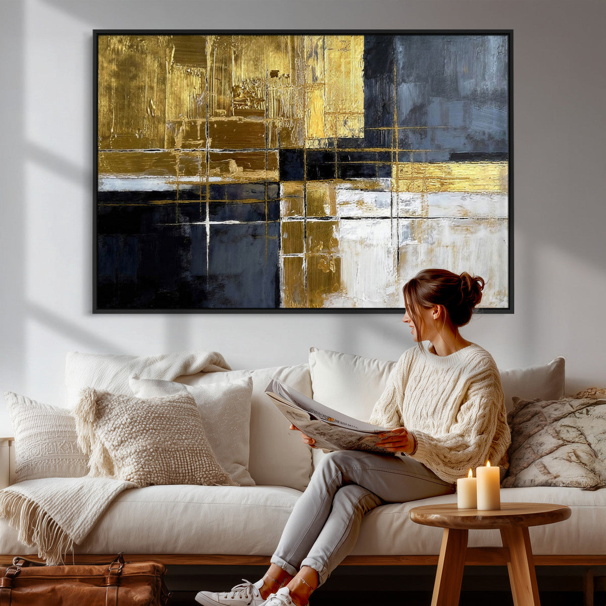 Gold Navy Abstract Wall Art Canvas Print, Modern Luxury