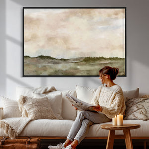 Muted Watercolor Hill Landscape Print — Beige Taupe Cloudy
