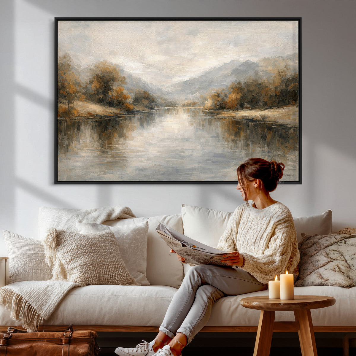 Neutral Abstract River Landscape Wall Art Canvas Print