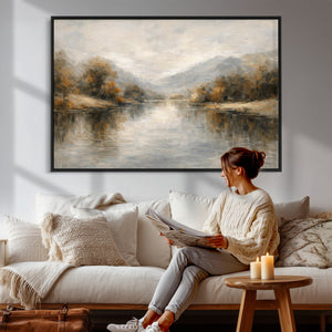 Neutral Abstract River Landscape Wall Art Canvas Print