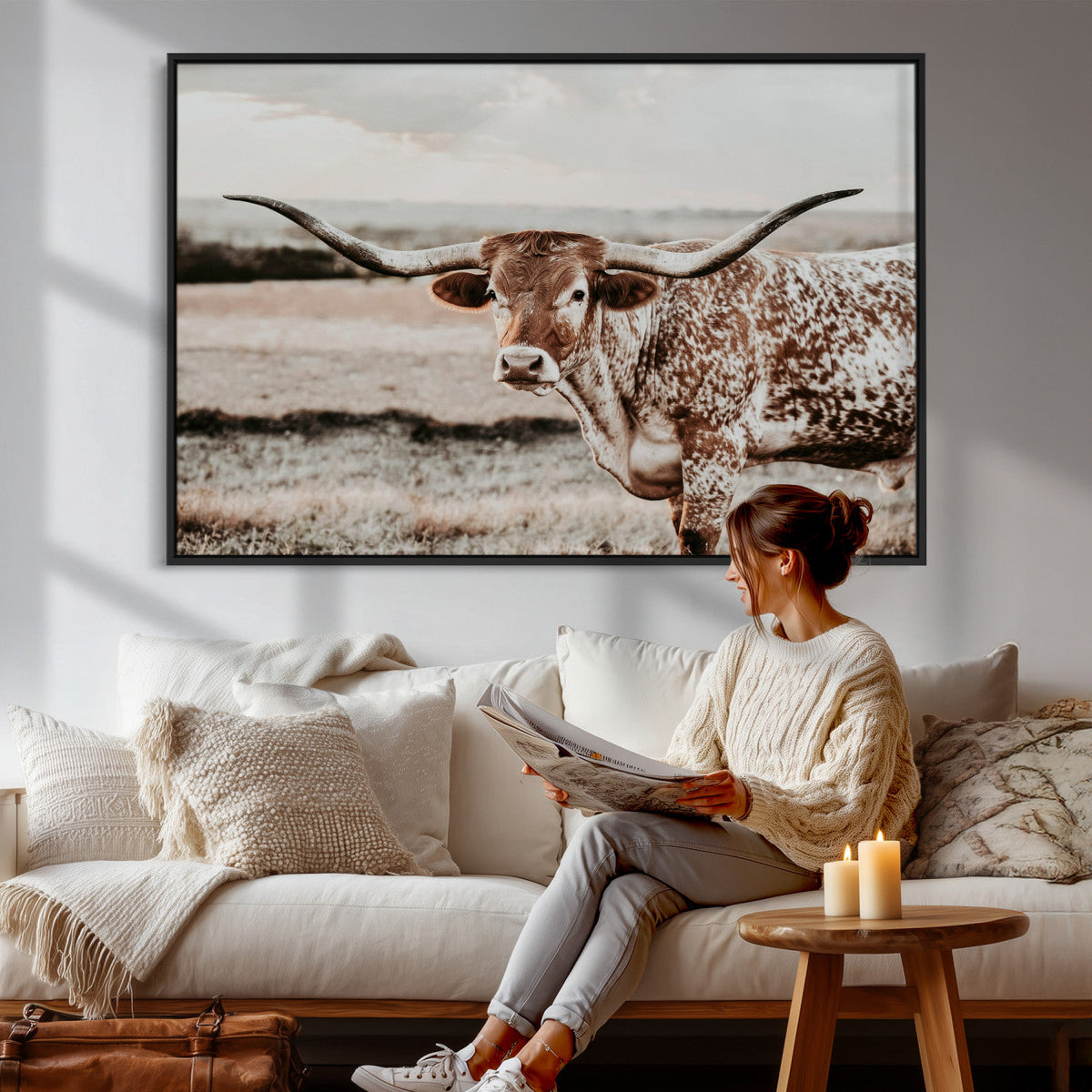 Texas Longhorn Bull Rustic Wall Art Canvas Print