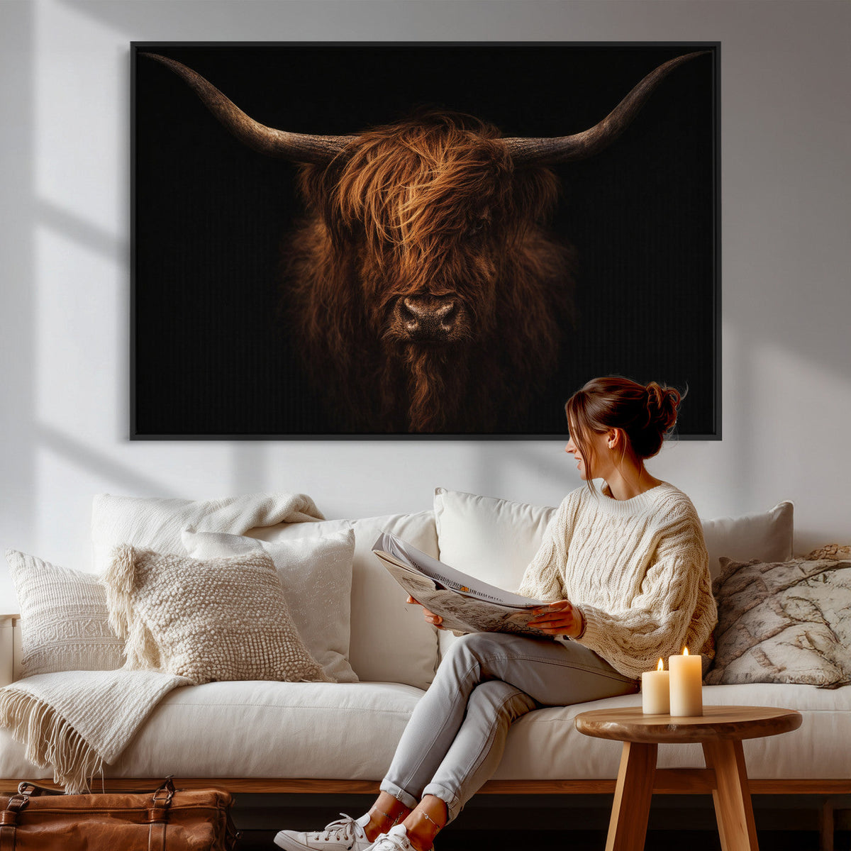 Highland Cow Wall Art Canvas Print – Moody Dark Rustic