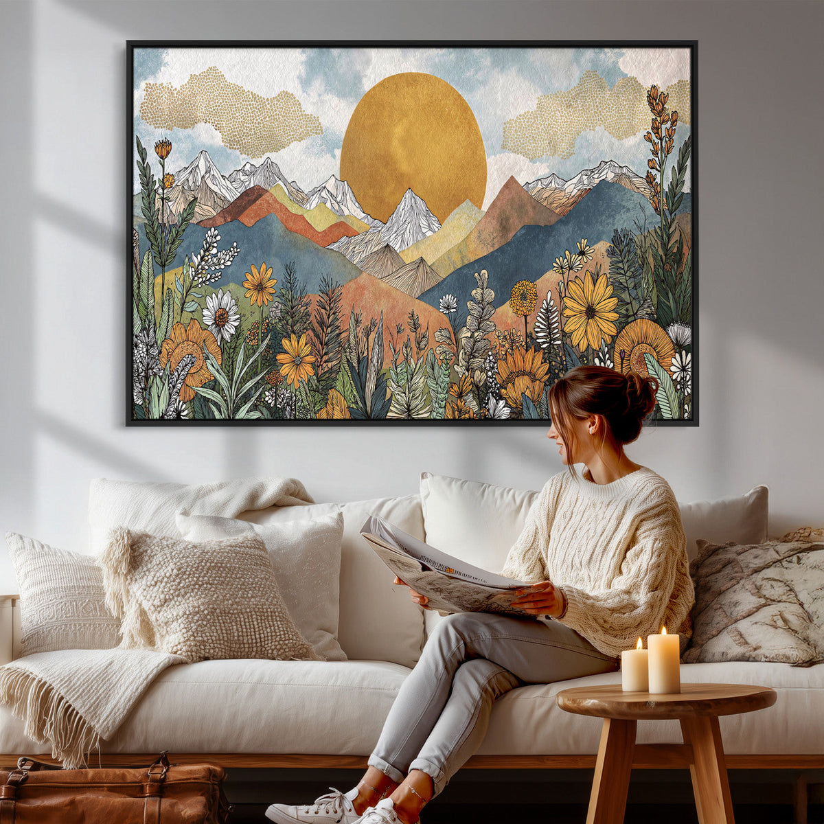 Boho Mountain Landscape Large Wall Art, Horizontal Gold