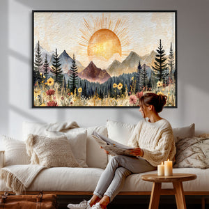 Boho Mountain Landscape Large Wall Art, Horizontal Gold