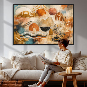 Geometric Boho Abstract Wall Art Canvas Print, Orange Blue