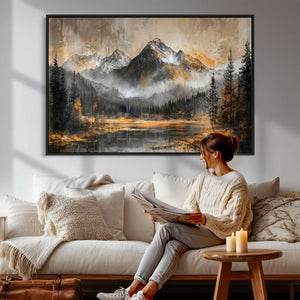 Mountain Lake Canvas Wall Art — Rustic Forest Landscape